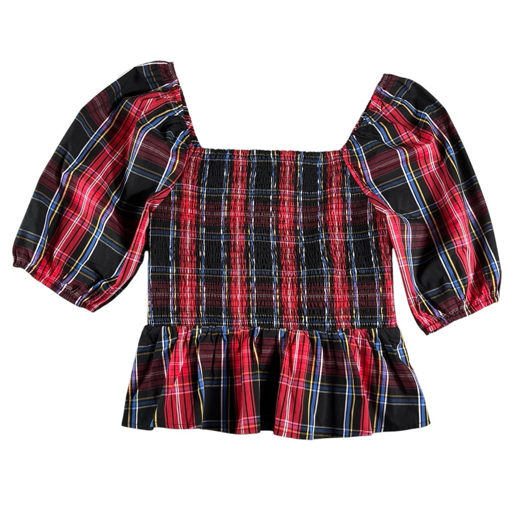 Draper James Black/Red/Blue‎ Women's Elbow Sleeve Smocked Peplum Top Size Medium